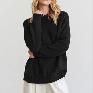 Jenni Kayne Black Crew Neck Sweater Oversized Cotton Fisherman